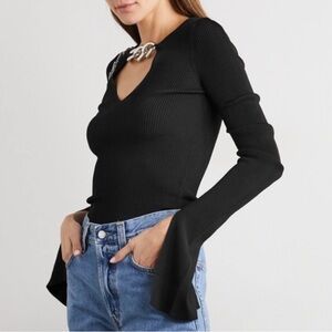 Alexander Wang Women's‎ V-Neck Pullover Chain Trim Split Cuff Top Black Sz Small